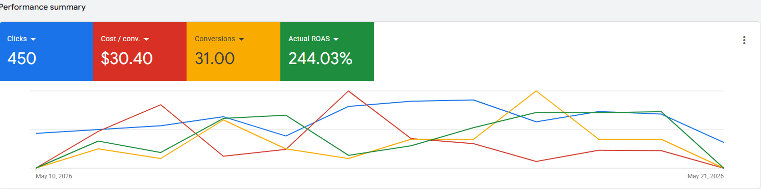 Google Ads dashboard showing 450 clicks, 31 conversions, and 244% ROAS