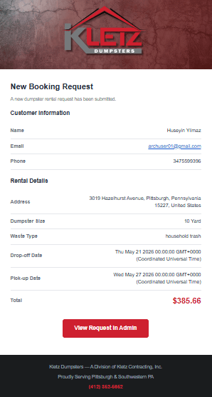 Custom branded email booking request
