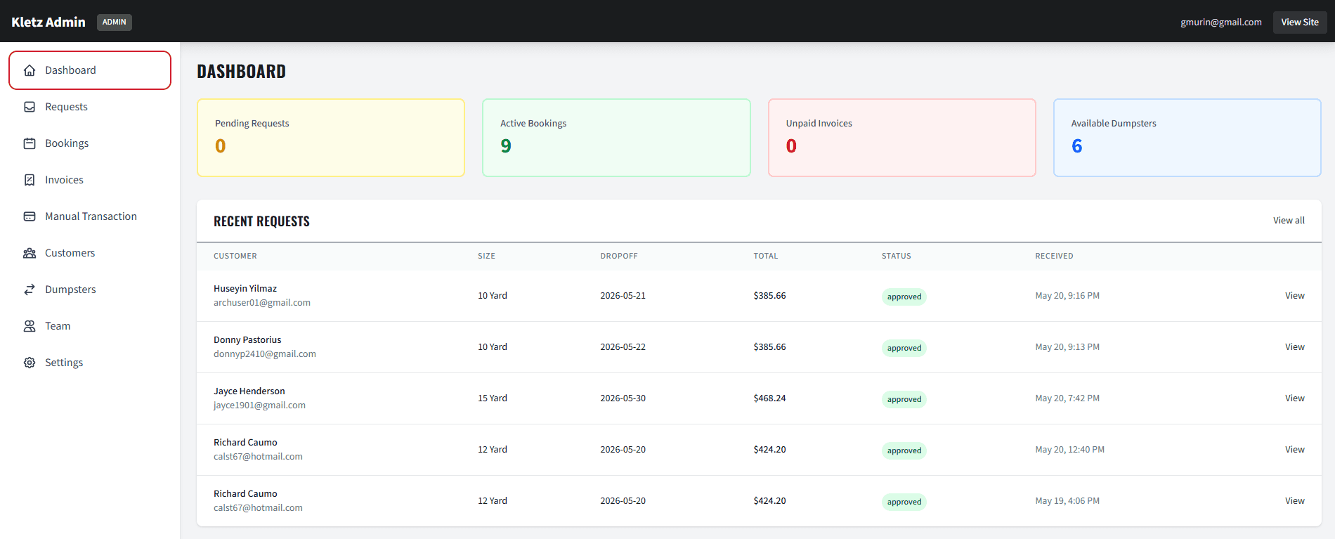 Customer dashboard